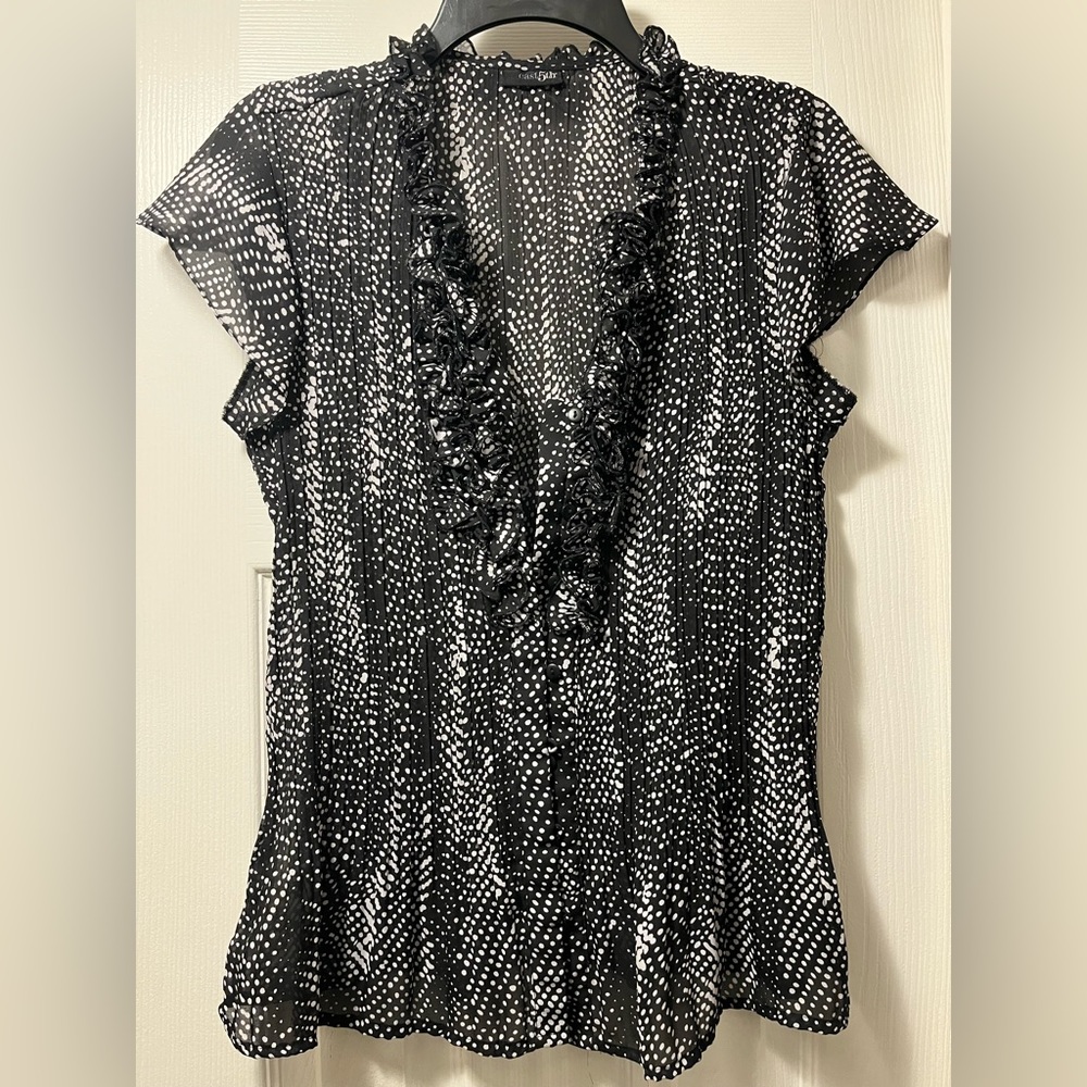 Black sheer short sleeve button-up ruffle blouse
